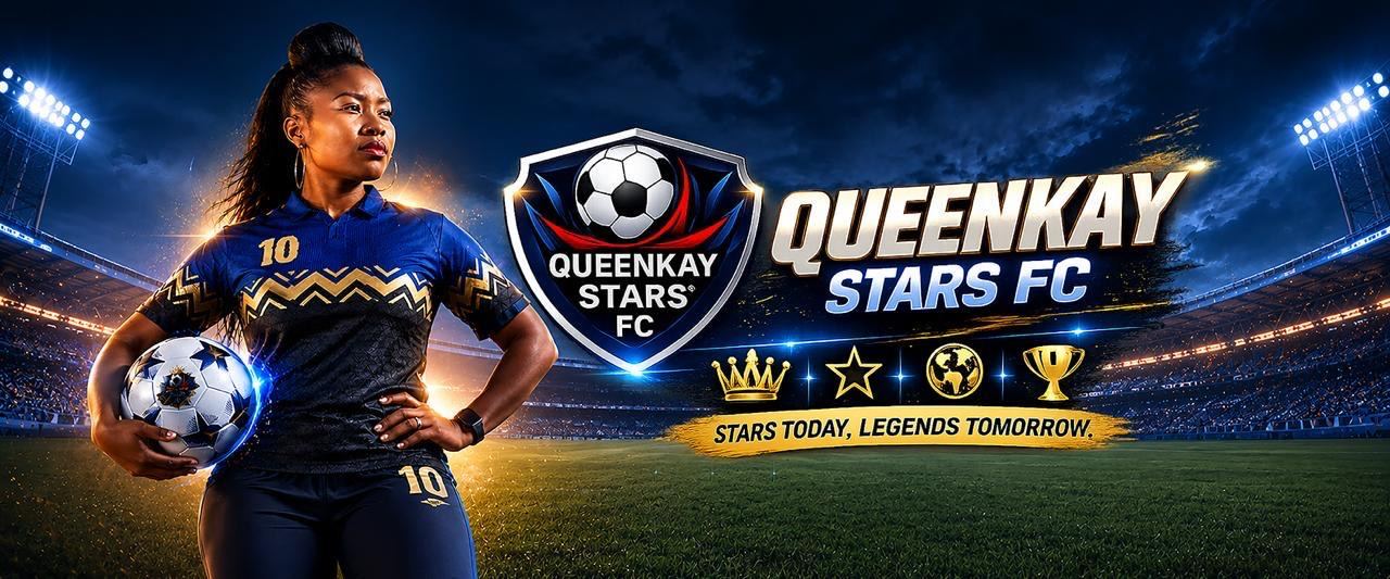 Queenkay Stars FC club imagery: a player in the navy and gold club kit at a floodlit stadium